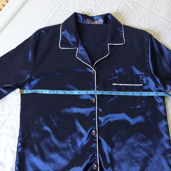 Vtg Navy Blue Satin PJ Set White Piping Pocket - Picture 8 of 10